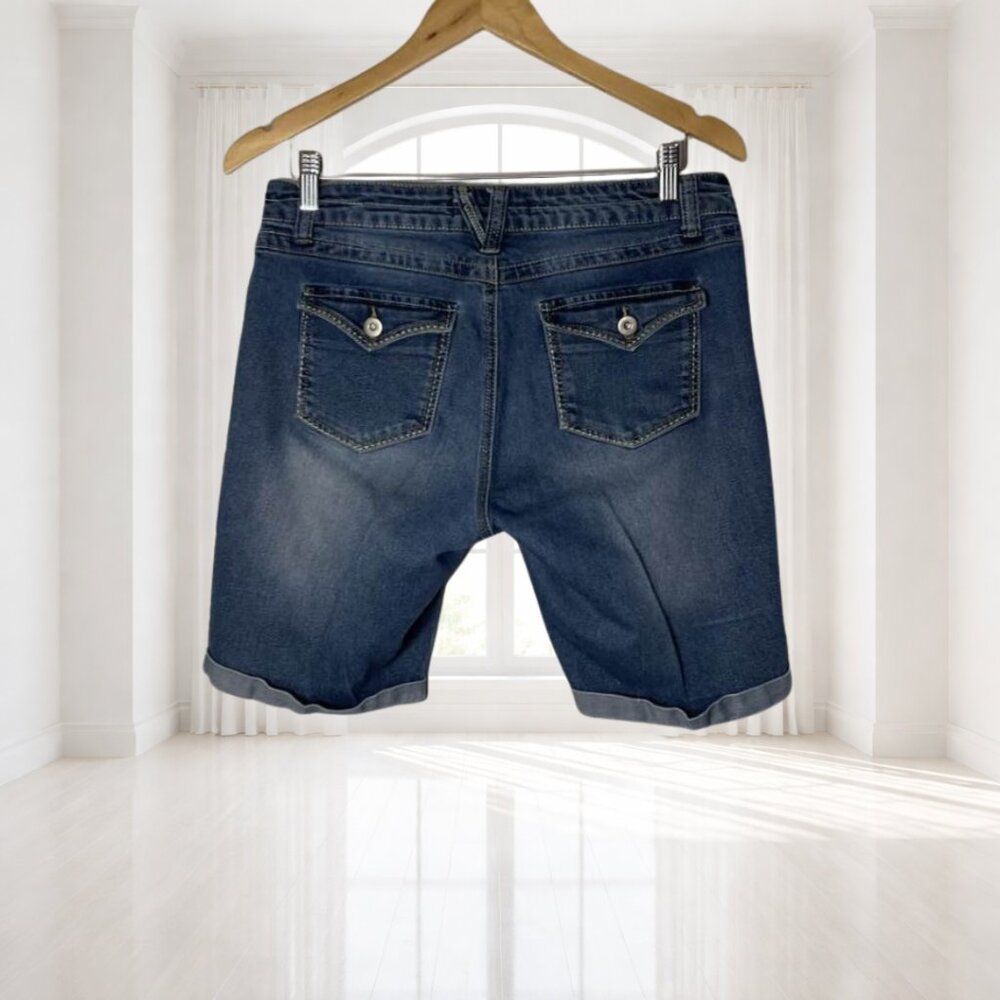 Blue Identity Bermuda Cuffed Jean Shorts Size 10P Embroidered Stretch Denim - Picture 3 of 10